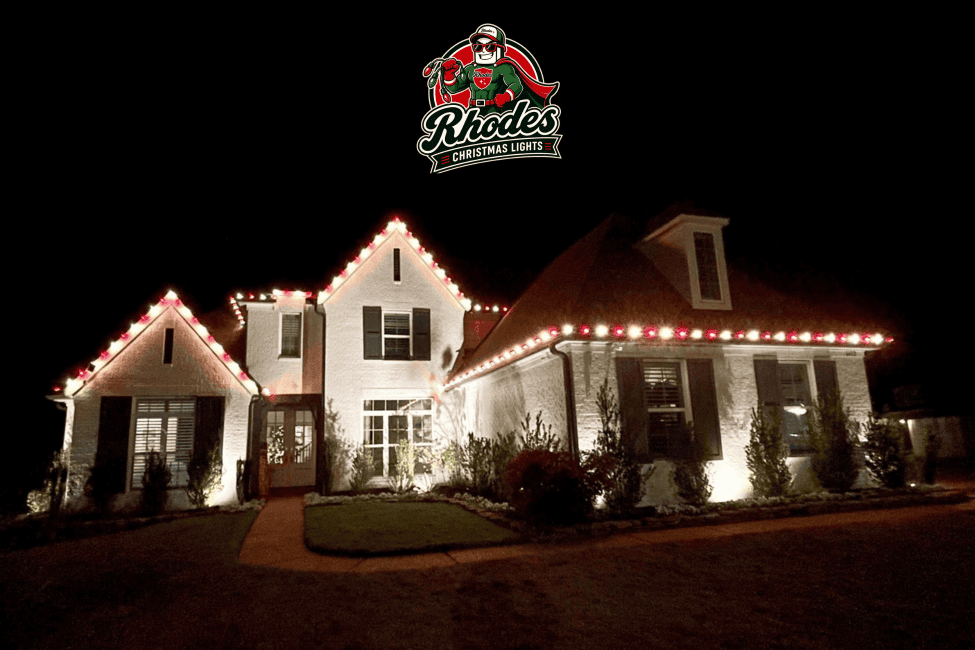 Beautifully decorated house with Christmas lights at night in Rhodes.